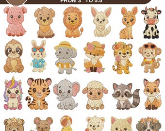 Safari Animals Embroidery Designs, Zoo Animal Machine Embroidery, Baby Girl Embroidery, Forest Animal, Farm Animal, 6 Sizes,Instant Download