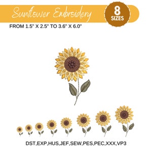 May include: Eight sizes of sunflower embroidery designs, from 1.5 inches by 2.5 inches to 3.6 inches by 6.0 inches. The designs are available in the following formats: DST, EXP, HUS, JEF, SEW, PES, PEC, XXX, VP3.