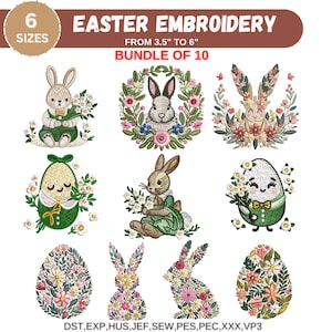 May include: A bundle of 10 Easter embroidery designs featuring bunnies, eggs, and floral wreaths. The designs are available in 6 sizes, from 3.5 inches to 6 inches. The embroidery file formats included are DST, EXP, HUS, JEF, SEW, PES, PEC, XXX, and VP3.