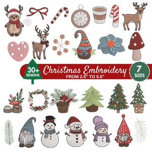 Può includere: Un set di oltre 30 motivi di ricamo natalizio in 7 dimensioni, che vanno da 2,5 a 5,5 pollici. I motivi includono una varietà di elementi festivi, come renne, pupazzi di neve, gnomi, alberi di Natale, ghirlande e altro ancora.