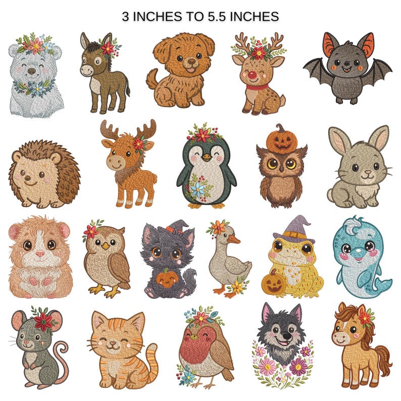Puede incluir: Parches bordados de animales con coronas florales. Incluye un oso, burro, perro, reno, murci&eacute;lago, erizo, alce, ping&uuml;ino, b&uacute;ho, conejo, cobaya, gato, pato, rana, delf&iacute;n, rat&oacute;n, petirrojo, lobo y caballo. Tama&ntilde;os de 7,6 a 14 cm.