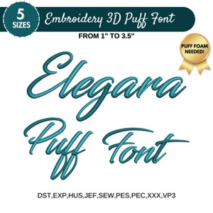 以下が含まれることがあります： 「Elegara Puff Font」という単語の、ターコイズブルーの3Dパフフォント刺繍デザイン。デザインは1インチから3.5インチまでの5サイズ展開。このデザインにはパフフォームが必要です。含まれるファイル形式はDST、EXP、HUS、JEF、SEW、PES、PEC、XXX、VP3です。