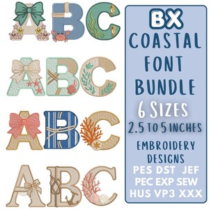 Könnte beinhalten: Ein digitales Stickmuster-Set mit den Buchstaben A, B und C in vier Küsten-Themen mit Schleifen, Seesternen, Krabben, Seepferdchen und Korallen. Der Text lautet BX COASTAL FONT BUNDLE 6 SIZES 2.5 TO 5 INCHES EMBROIDERY DESIGNS PES DST JEF PEC EXP SEW HUS VP3 XXX.