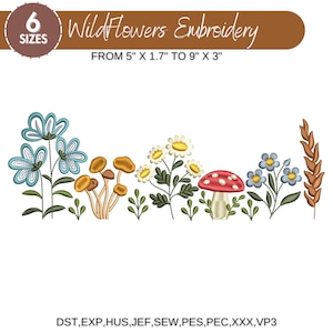 Wildflower Meadow Machine Embroidery Design, Mushroom, Mushroom Wild Flowers, Wildflower Embroidery Bundle, 5 Sizes - Instant Download