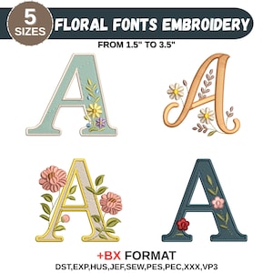 Può includere: Immagine che mostra quattro disegni ricamati della lettera "A" con accenti floreali. Il testo recita "FLORAL FONTS EMBROIDERY" e "FROM 1.5" TO 3.5"". I disegni variano per colore e stile.