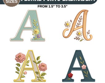 May include: Four embroidered letter "A" designs with floral accents are displayed. The text reads "FLORAL FONTS EMBROIDERY" and "FROM 1.5" TO 3.5"". The designs vary in color and style, with sizes ranging from 3.8 cm to 8.9 cm.