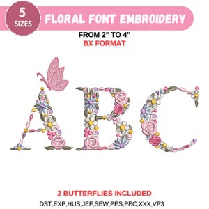 BX Floral Font Bordado, A-Z Full Flower Alphabet Machine Embroidery Designs, Letras Maiúsculas, PES DST etc - 6 tamanhos - Download Instantâneo