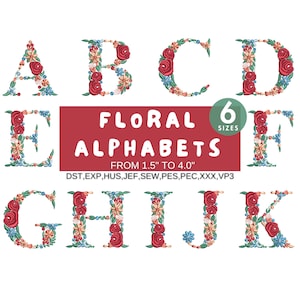Rose Floral Font Embroidery, A-Z Full Flower Alphabet Machine Embroidery Designs, Uppercase Letters, PES DST - 6 sizes - Instant Download