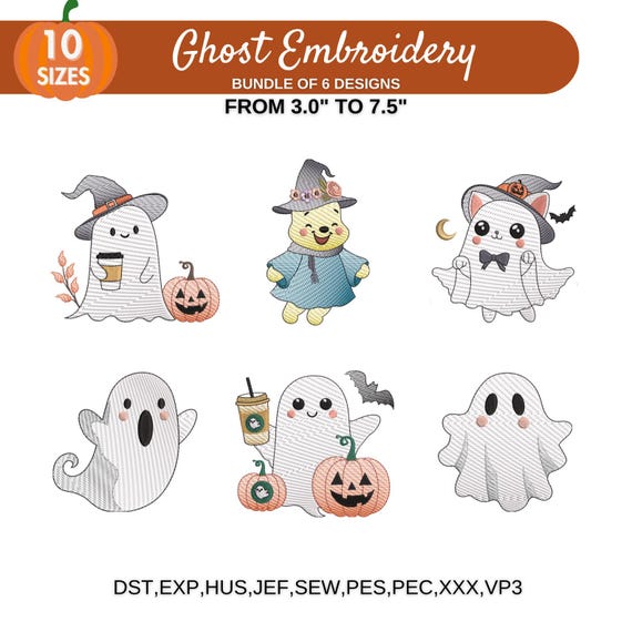 Halloween Embroidery Designs, Ghost with Coffee and Pumpkin, Boo Embroidery, Scary Cute Floral Ghost, PES DST, 10 sizes, Instant Download