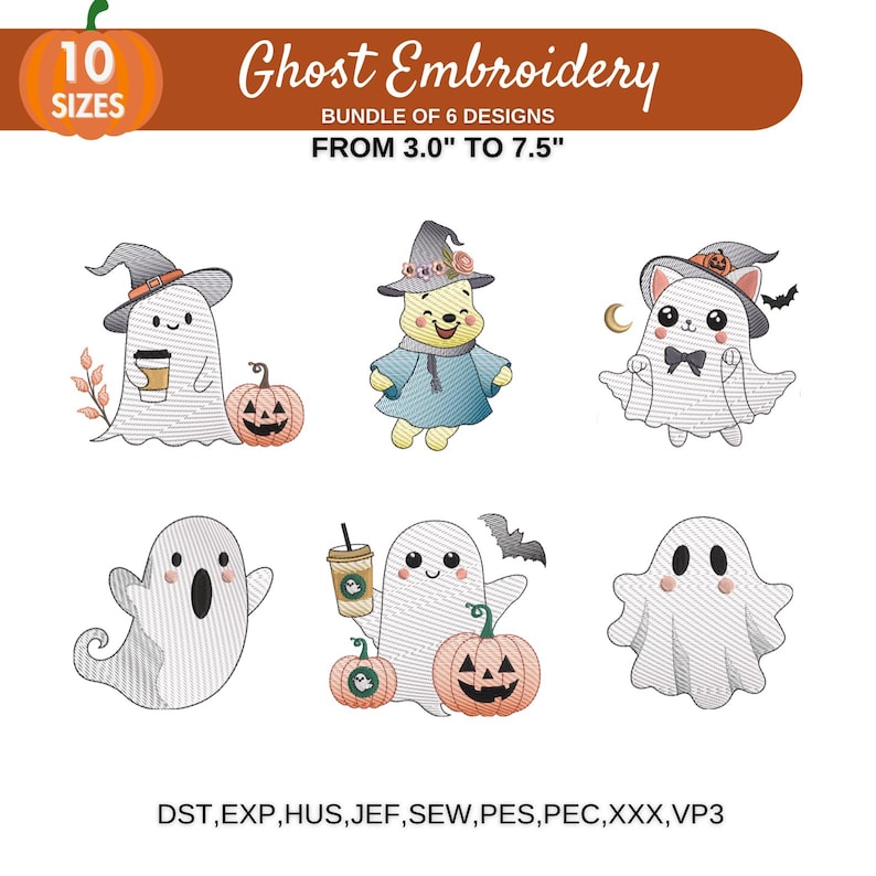 May include: A set of 6 embroidery designs featuring cute ghosts in various poses, including a ghost holding a pumpkin, a ghost holding a coffee cup, and a ghost wearing a witch's hat. The designs are available in 10 sizes, from 3.0 inches to 7.5 inches. The embroidery files are available in the following formats: DST, EXP, HUS, JEF, SEW, PES, PEC, XXX, VP3.
