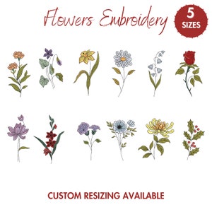 Geburtsmonat Blumen, 12 Blumen Stickdatei, Maschinenstickerei, Wildblumen Muster, 5 Größen, Instant Download