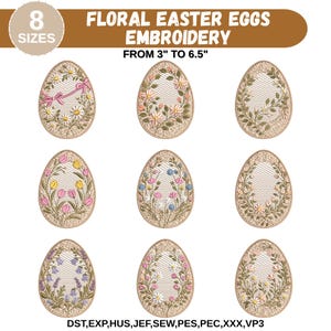 Può includere: Ricami di uova di Pasqua con motivi floreali. Le uova variano da 7,6 a 16,5 cm di altezza e presentano varie composizioni floreali, tra cui margherite, tulipani e campanule. Il testo recita "FLORAL EASTER EGGS EMBROIDERY" e "8 SIZES".