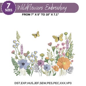 Wildflower Meadow Machine Embroidery Design, Butterfly Wild Flowers, Boho Flower, Wildflower Embroidery Bundle, 7 Sizes, Instant Download