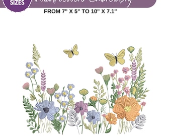 May include: Embroidery design of a wildflower bouquet with butterflies. The design is available in 7 sizes, from 7 inches by 5 inches to 10 inches by 7.1 inches. The design is available in the following formats: DST, EXP, HUS, JEF, SEW, PES, PEC, XXX, VP3.