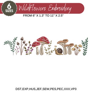 Pilz Wald Maschinenstickerei Design, Boho Blume, Wiesengarten Muster, Wildblumen Stickpaket, 6 Größen, Sofortiger Download