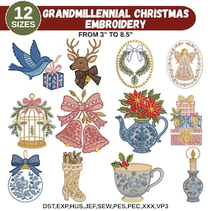 May include: A collection of 12 Grandmillennial Christmas embroidery designs. The designs include a blue bird with a gift, a reindeer, a wreath, an angel, a birdcage, bells, a teapot with flowers, wrapped gifts, an ornament, a stocking, a teacup, and a candle holder. Sizes range from 3" to 8.5".