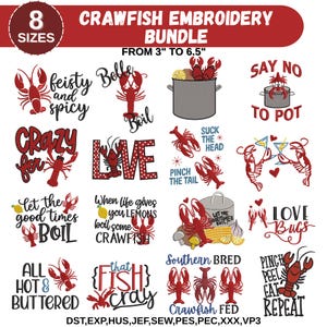 May include: A red and white crawfish embroidery bundle with various designs and phrases, including "Feisty and Spicy" and "Crazy for Crawfish." The bundle includes 8 sizes, ranging from 3 to 6.5 inches.