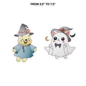 May include: Two Halloween-themed embroidery designs, a yellow bear wearing a witch hat with flowers and a white ghost wearing a witch hat with a pumpkin. The text "FROM 3.0" TO 7.5" is at the top of the image.
