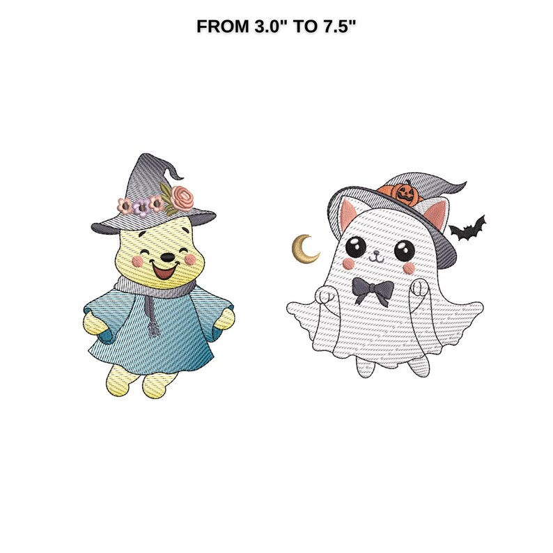May include: Two Halloween-themed embroidery designs, a yellow bear wearing a witch hat with flowers and a white ghost wearing a witch hat with a pumpkin. The text "FROM 3.0" TO 7.5" is at the top of the image.