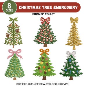 Julgransbroderidesigner, tall, fyllnadsstygn, höstbroderi, färgglad och virvelformad julgran, 8 storlekar, direktnedladdning