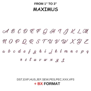 May include: A font chart with the alphabet in uppercase and lowercase letters. The font is a cursive script style. The letters are in a burgundy color. The text "FROM 1" TO 3" MAXIMUS" is at the top of the chart. The text "DST, EXP, HUS, JEF, SEW, PES, PEC, XXX, VP3 + BX FORMAT" is at the bottom of the chart.