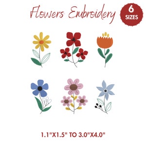 May include: Six embroidery designs of flowers in various colours, including yellow, red, orange, blue, and pink. The designs are available in six sizes, ranging from 1.1 inches by 1.5 inches to 3.0 inches by 4.0 inches.
