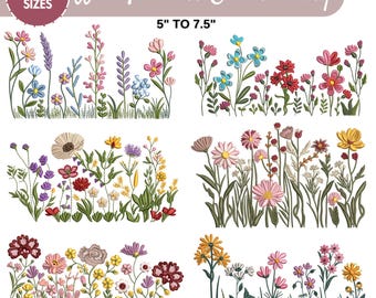 May include: Six embroidery designs of wildflower arrangements in various colors, including pink, blue, yellow, and red. The designs are 5 to 7.5 inches in size and are available in the following formats: DST, EXP, HUS, JEF, SEW, PES, PEC, XXX, VP3.