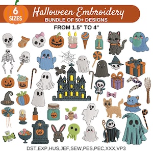 Op de afbeelding: Een set van meer dan 50 Halloween-borduurmotieven in verschillende maten van 3,8 cm tot 10 cm. De motieven omvatten geesten, pompoenen, vleermuizen, maïs, een spookhuis en nog veel meer. De motieven zijn beschikbaar in de volgende formaten: DST, EXP, HUS, JEF, SEW, PES, PEC, XXX, VP3.