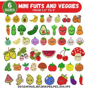 May include: A collection of embroidered patches featuring various fruits and vegetables with smiling faces. The patches range in size from 1.5 to 4 inches. The image includes a lemon, avocado, banana, pineapple, apple, carrot, cucumber, broccoli, and more.