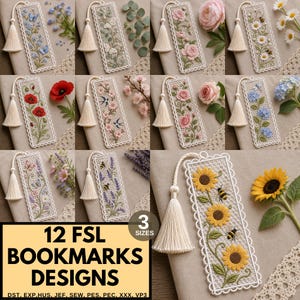 May include: A collection of twelve rectangular free-standing lace bookmarks featuring intricate floral and insect embroidery designs. Each bookmark includes a cream-colored tassel and displays various motifs like sunflowers, poppies, roses, and butterflies.