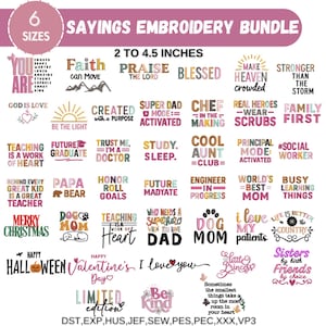 Könnte beinhalten: Stickerei-Bundle mit Sprüchen wie „Glaube kann Berge versetzen“, „Super Dad“ und „Ich liebe meine Patienten“. Die Designs sind in 6 Größen von 5,08 cm bis 11,43 cm erhältlich und umfassen Urlaubs- und Inspirationsthemen.