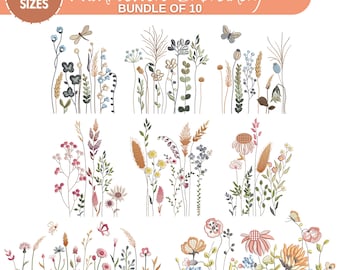 Wildblumen Wiese, Maschinenstickerei, Cottagecore Wildblumen, Boho Blumen, Wildblumen Stickerei Bundle, 5 Größen, Instant Download