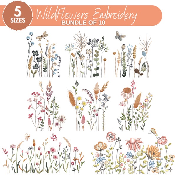 Wildblumen Wiese, Maschinenstickerei, Cottagecore Wildblumen, Boho Blumen, Wildblumen Stickerei Bundle, 5 Größen, Instant Download