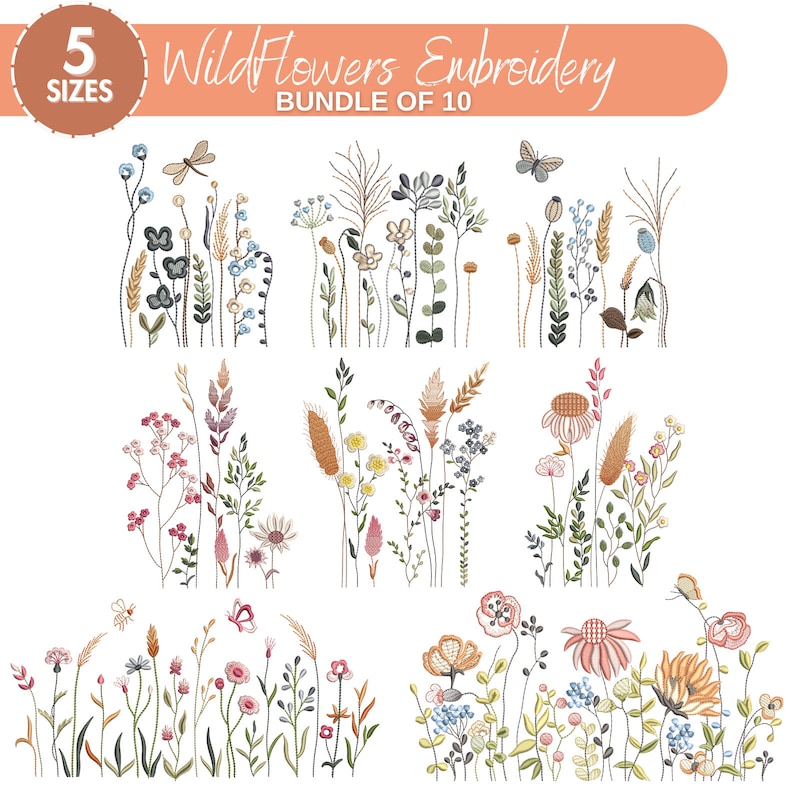 Wildblumen Wiese, Maschinenstickerei, Cottagecore Wildblumen, Boho Blumen, Wildblumen Stickerei Bundle, 5 Größen, Instant Download Bild 1