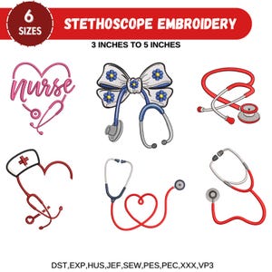 Pode incluir: Seis desenhos de bordado que apresentam um estetoscópio em vários estilos, incluindo uma forma de coração, um laço e um estetoscópio tradicional. Os desenhos estão disponíveis em seis tamanhos, que vão de 7,6 a 12,7 cm.