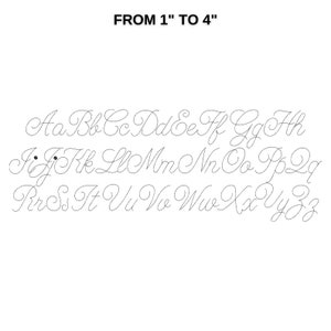 May include: A cursive alphabet font in black and white, with letters ranging in size from 1 to 4 inches.