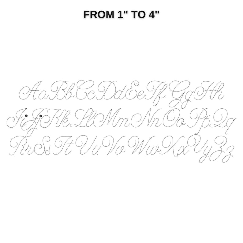 May include: A cursive alphabet font in black and white, with letters ranging in size from 1 to 4 inches.