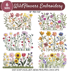 Wildflower Meadow Machine Embroidery Design, Cottagecore Wild Flowers, Boho Flower, Wildflower Embroidery Bundle, 6 rozmiarów, natychmiastowe pobranie