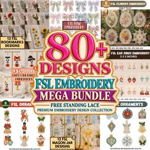 May include: A digital collection of 80+ free standing lace embroidery designs including bookmarks, bows, flowers, earrings, ornaments, and mason jars. The image features text overlays detailing the bundle contents, file formats, and sizes in inches.
