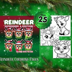 May include: A colorful children's coloring book titled "Reindeer Expressions & Emotions" with over 25 pages. The cover features cartoon reindeer with various expressions. Additional pages show line art of reindeer.