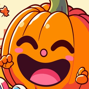 Op de afbeelding: Een cartoon-pompoen met een grote glimlach en roze wangen. De pompoen draagt een wit shirt en blauwe schoenen.