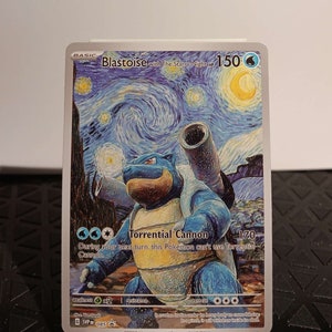 May include: A Pokemon trading card featuring Blastoise, a blue water-type Pokemon with a large cannon on its back. The card has a Starry Night themed background and the text "Torrential Cannon" with a damage value of 170.