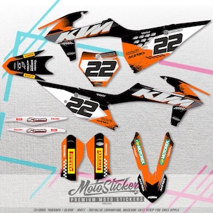Könnte beinhalten: Orange-schwarzes Motocross-Grafik-Set mit der Nummer 22, dem Wort "KTM" und den Markennamen "Acerbis", "DID", "Enthal", "Motocross", "Irelli" und "Moto Sticker".