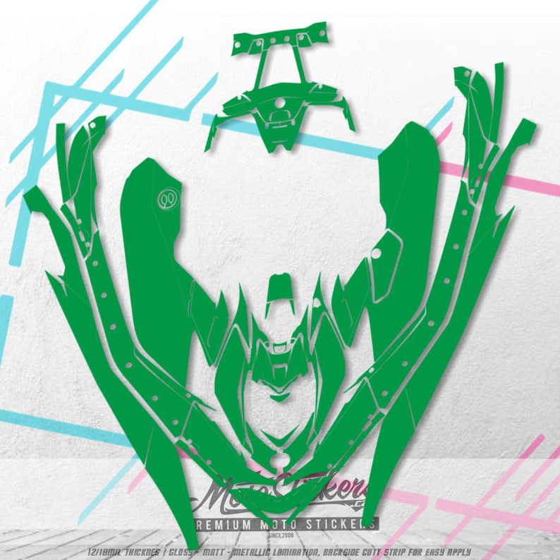 May include: Green motorcycle sticker set with a variety of shapes and sizes. The stickers have a metallic finish and are designed for easy application. The image includes the text "Premium Moto Stickers" and other product details.