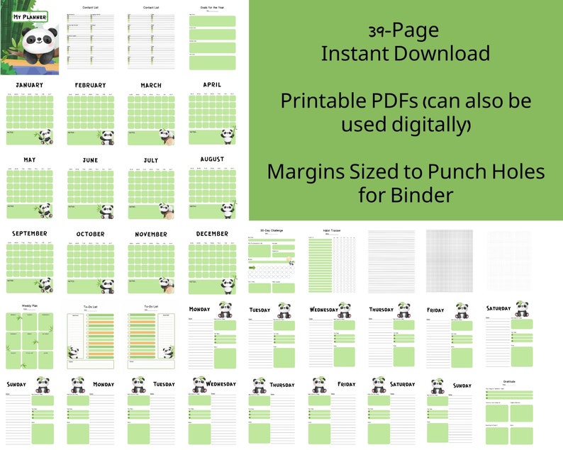 Cute Panda Digital And Printable Planner Bundle Customizable Instant