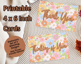 Cute Floral Stationery Set of 3 Matching 4x6in Card Designs, Printable Download, Thank You, Thinking of You, Blank, Printer-Friendly Version