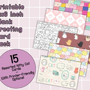 Kitty Cat Assortment of 15 Blank Greeting Card Designs, 4x6in, Printable Download, Printer-Friendly Versions, Cute Card Pack, Stationery Set
