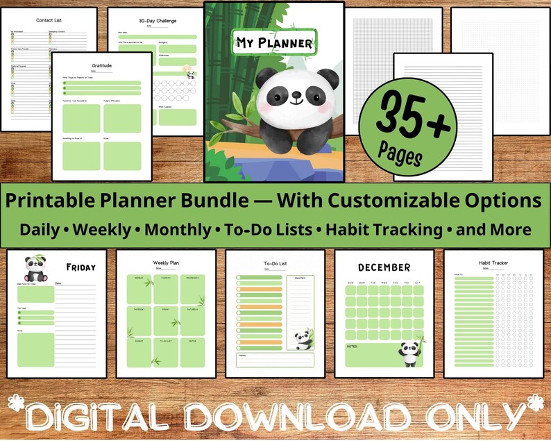 Cute Panda Digital and Printable Planner Bundle, Customizable, Instant