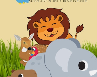 Puede incluir: Portada de libro infantil colorida con el título "Animals in the Planet" e ilustraciones de varios animales, incluyendo un león, un elefante, un ciervo y monos. El libro está diseñado para niños de 6 años en adelante.