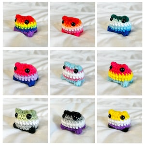 Può includere: Nove peluche di rana all'uncinetto, ognuna con uno schema di colori diverso della bandiera del pride. Le rane sono tutte rivolte verso il lato destro dell'immagine. Le bandiere rappresentate sono: arcobaleno, lesbica, transgender, bisessuale, genderqueer, asessuale, panessuale, non binario e intersessuale.